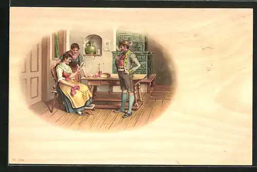 AK Hausbewohner in bayerischen Trachten