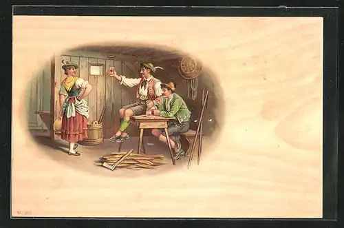 AK Männer und Frau in bayerischer Tracht im Schuppen