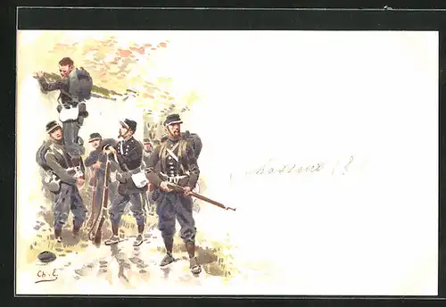 Lithographie Infanterie Soldaten überqueren Mauer