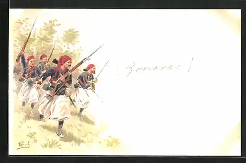 Lithographie Angriff von Infanterie Soldaten, Zuaven