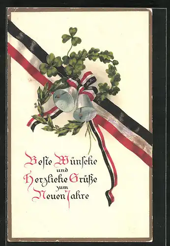 AK Neujahrsglückwünsche, Glocken, Kleeblätter, Kaiserreichsschleife
