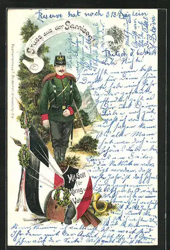 Lithographie Gruss aus der Garnison, Soldat auf Wanderweg