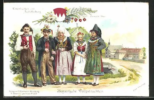 Lithographie Aschaffenburg, Personengruppe in bayerischen Trachten