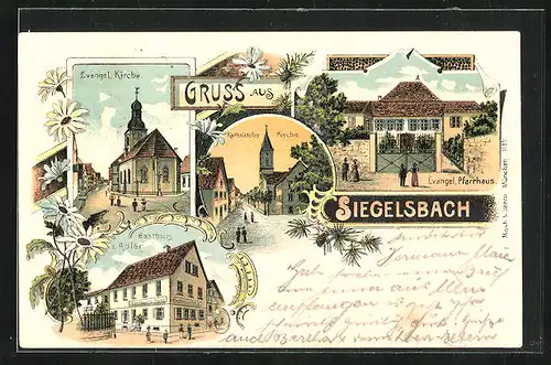 Lithographie Siegelsbach, Gasthaus zum Adler, Evangel. Pfarrhaus