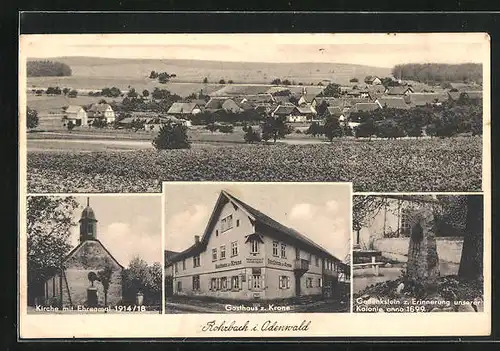 AK Rohrbach i. Odenwald, Kirche mit Ehrenmal, Gedenkstein z. Erinnerung an Kolonie 1699