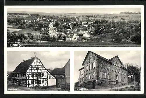 AK Hettingen, Rathaus, Schulhaus, Ortsansicht