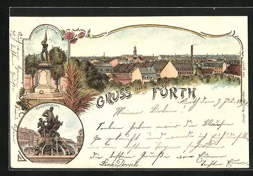 Lithographie Fürth, Kriegerdenkmal, Kunstbrunnen, Totalansicht