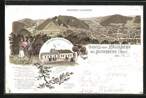Vorläufer-Lithographie Lauterberg, 1895, Hausberg Restaurant, Panorama v. Hausberg