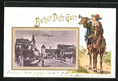 Passepartout-Lithographie Villingen, Strasse, Reiter mit Trompete
