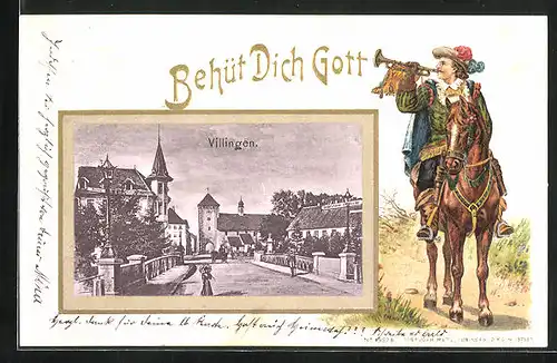 Passepartout-Lithographie Villingen, Strassenpartie, Reiter mit wichtiger Kunde