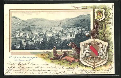 Passepartout-Lithographie Furtwangen /Schwarzwald, Ortsansicht, Jagdhund mit Beute, Wappen