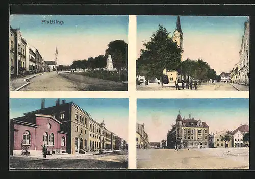 AK Plattling, Marktplatz, Strassenpartie mit Kirche, Denkmal