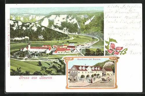 Lithographie Beuron, Gasthaus zur Sonne, Totalansicht