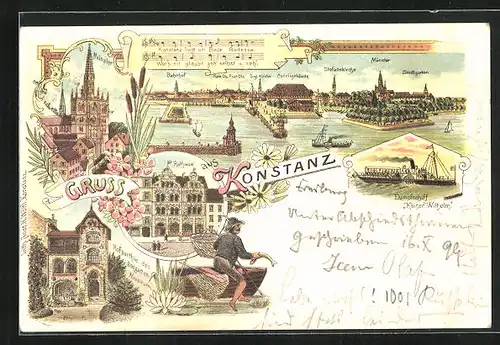 Lithographie Konstanz, Rosgarten-Museum, Münster, Stefanskirche, Dampfschiff Kaiser Wilhelm