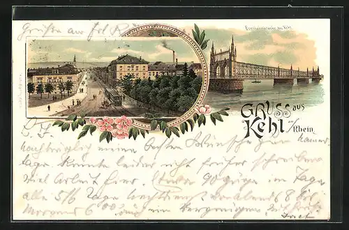 Lithographie Kehl /Rhein, Eisenbahnbrücke bei Kehl, Strassenpartie