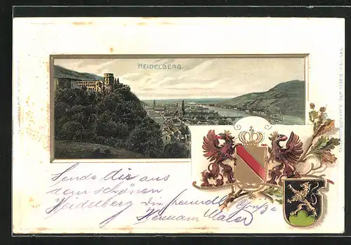 Passepartout-Lithographie Heidelberg, Totalansicht, Stadtwappen