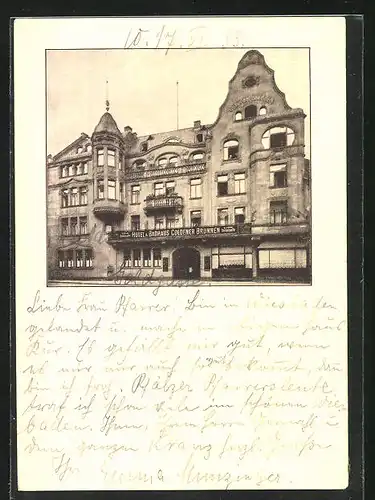 AK Wiesbaden, Hotel und Badehaus Goldener Brunnen, Goldgasse 10-12
