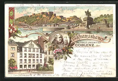 Lithographie Coblenz, Restaurant zum Franziskaner, Panorama mit Ehrenbreitstein