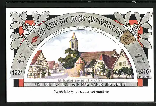 Künstler-AK Beutelsbach i. Remstal, Stiftskirche zum Heiligen Kreuz, Wappen und Inschrift am Rathaus, 1916