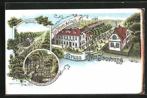 Lithographie Neu-Isenburg, Gasthaus Zur neuen Anlage, Waldbahn