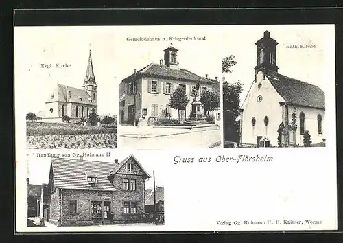 AK Ober-Flörsheim, Handlung v. Gg. Hofmann, Gemeindehaus, Kirchen