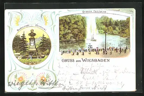 Lithographie Wiesbaden, Grosse Fontaine, Bodenstedt-Denkmal