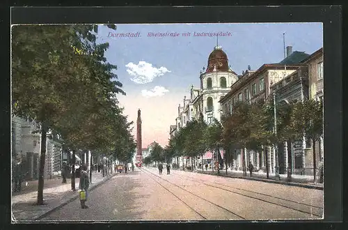 AK Darmstadt, Rheinstrasse mit Ludwigssäule