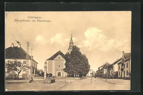 AK Stühlingen, Hauptstrasse mit Pfarrkirche