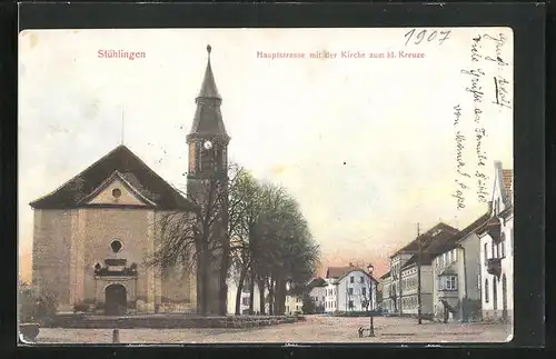 AK Stühlingen, Hauptstrasse mit Kirche zum hl. Kreuze