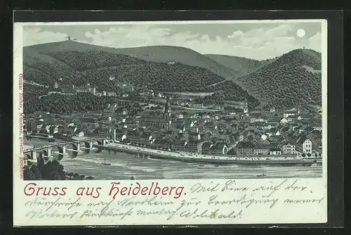 Mondschein-Lithographie Heidelberg, Totalansicht mit Kirche u. Gebirge