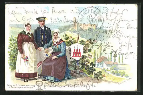 Lithographie Steinfeld /Rheinpfalz, Einwohner in bayerischen Trachten