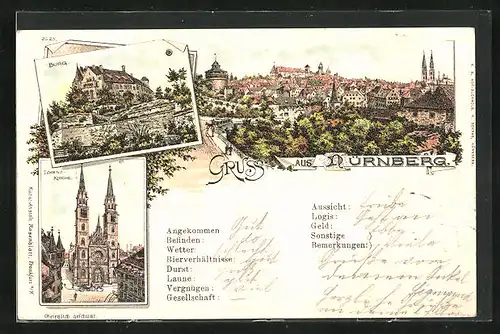 Lithographie Nürnberg, Burg, Lorenz-Kirche, Totalansicht
