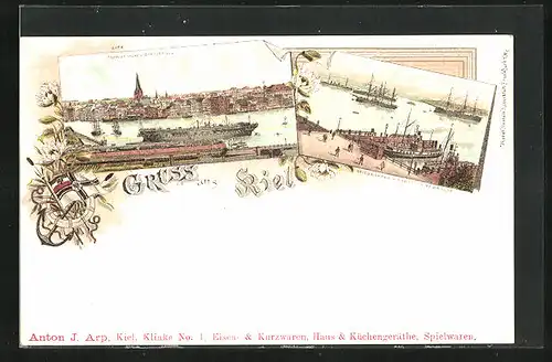 Lithographie Kiel, Kriegshafen mit Dampfschiffbrücke, Totalansicht von Gaarden aus