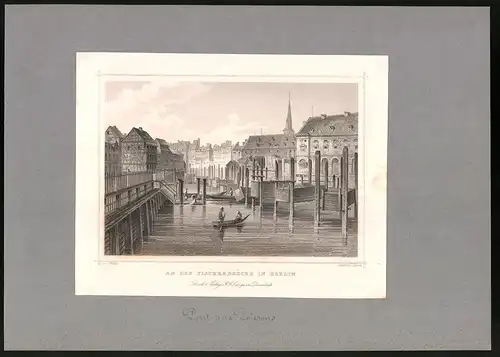 Stahlstich Berlin, Partie an der Fischerbrücke, montiert, um 1870, gez.: C. Würbs, Stich: L. Rohbock, 22.5 x 31.5cm