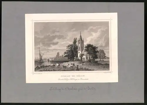 Stahlstich Berlin-Stralau, Kirche am Ufer, montiert, um 1870, gez.: L. Rohbock, Stich: F. Foltz, 22.5 x 31.5cm