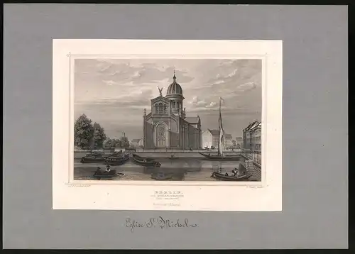 Stahlstich Berlin, Die Michaeliskirche, montiert, um 1870, del.: F. A. Borchel, sculp.: L. Oeder, 22.5 x 31.5cm