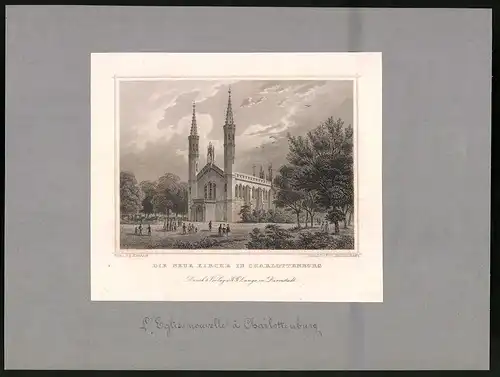 Stahlstich Berlin, Die neue Kirche in Charlottenburg, montiert, um 1870, gez.: L. Rohbock, Stich: Frz. Hablitscheck