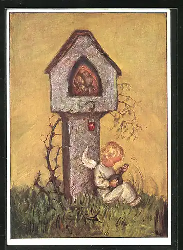 Künstler-AK Maria Spötl: Engel mit Gitarre am Bildstock