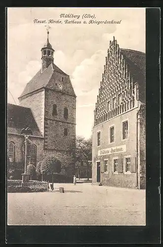 AK Mühlberg /Elbe, Neust. Kirche, Rathaus und Kriegerdenkmal