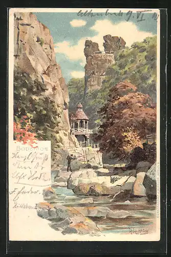 Lithographie Thale, Felslandschaft am Bodethor, Angler