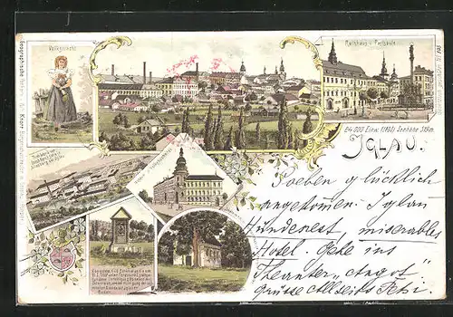 Lithographie Iglau, Rathaus und Pestsäule, Museum und Volksbücherei