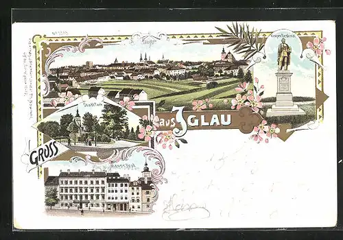 Lithographie Iglau, Stadtpark, Kempen-Denkmal, Totalansicht