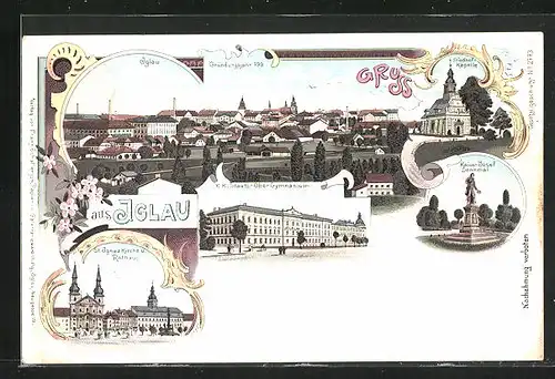 Lithographie Iglau, Totalansicht, Friedhof-Kapelle, Kaiser Josef Denkmal, St. Ignaz Kirche und Rathaus