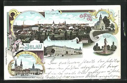 Lithographie Iglau, Totalansicht, Friedhof-Kapelle, St. Ignaz-Kirche und Rathaus