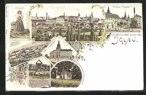 Lithographie Iglau, Totalansicht, Museum und Volksbücherei, Rathaus und Pestsäule