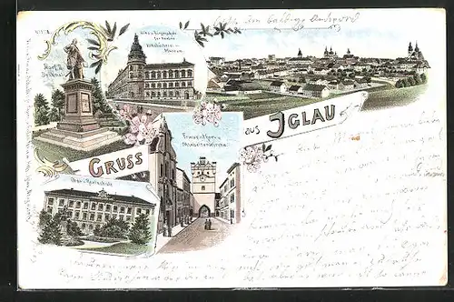 Lithographie Iglau, Totalansicht, Josef II Denkmal, Frauenthor und Minoritenkirche