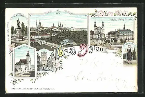 Lithographie Iglau, Totalansicht, Marktplatz mit Rathaus und Mariensäule, Pfarrkirche St. Jacob