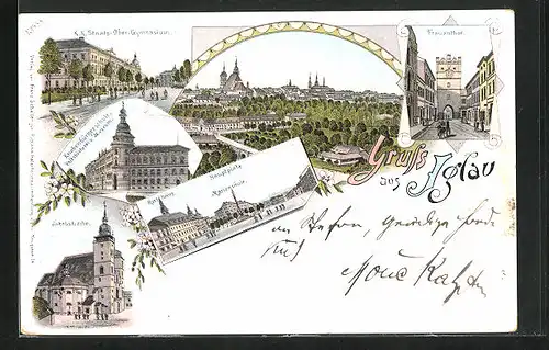 Lithographie Iglau, Frauenthor, Jakobskirche, Mariensäule, K.K Staats-Ober-Gymnasium