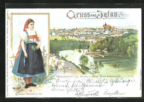Lithographie Iglau, Totalansicht mit städtischer Schwimmschule, Iglauerin in Tracht