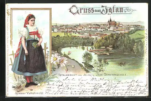 Lithographie Iglau, Totalansicht mit städtischer Schwimmschule, Iglauerin in Tracht